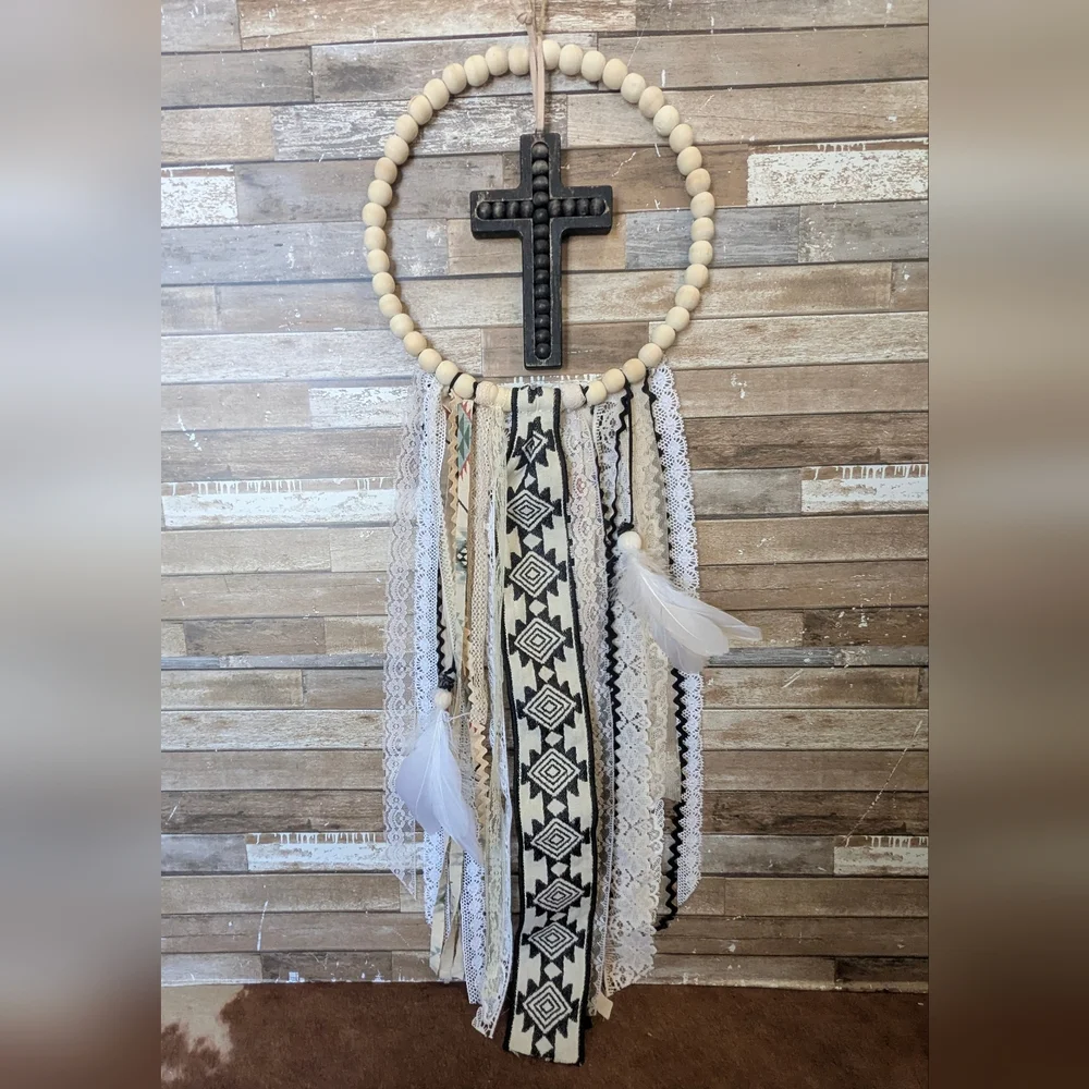 New Handcrafted Boho Dreamcatcher With Rustic Wooden Cross & Feathers - Picture 1 of 9